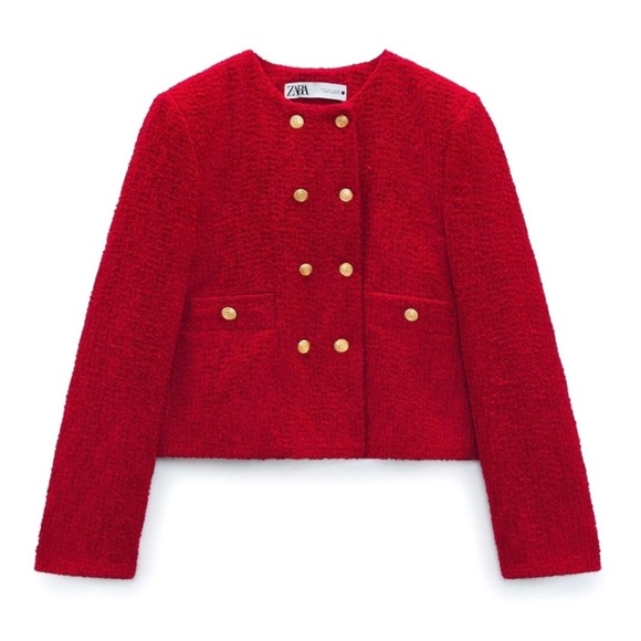 ZARA Double Breasted Blazer Lady Jacket Red Textured Tweed Boucle Size Medium - Picture 4 of 16